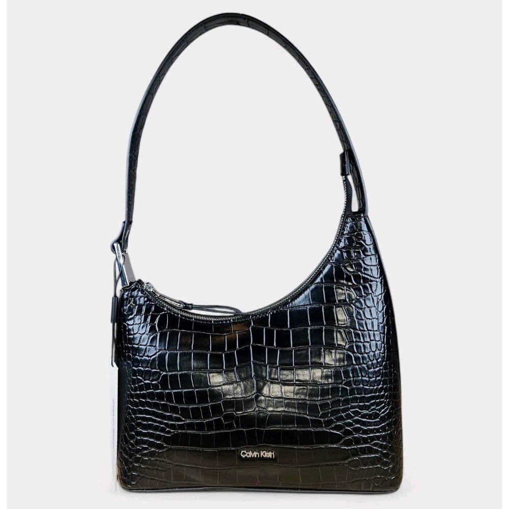 Calvin Klein Croc Embossed Shoulder Bag Black Silver Zip Top Holly Purse CK New